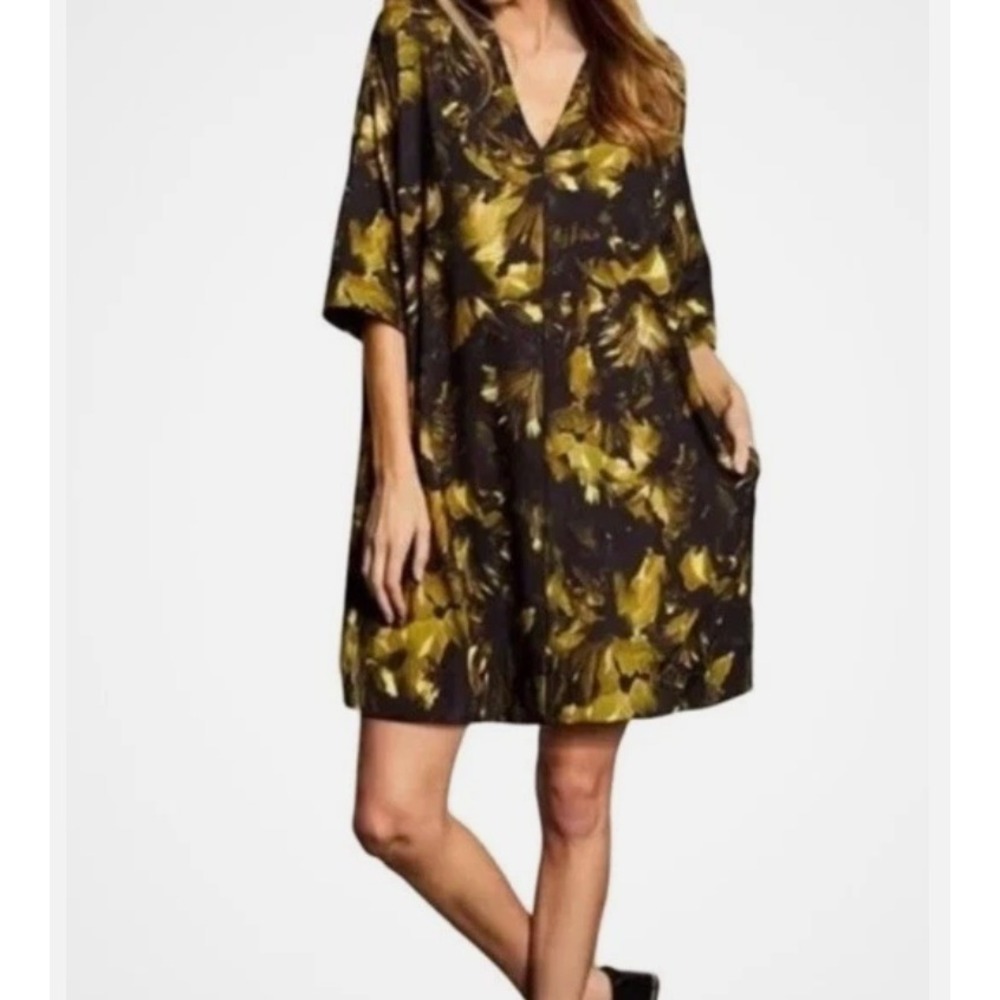 BRYN WALKER Abstract Floral Print V Neck‎ Shift Dress Women XS Minimalist